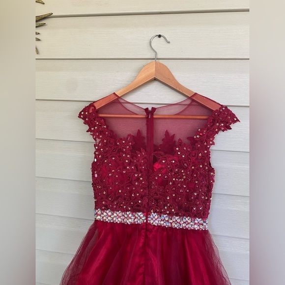 Dancing Queen baby doll red scarlet prom dress mini cap sleeve lace appliqué XS - Picture 14 of 15
